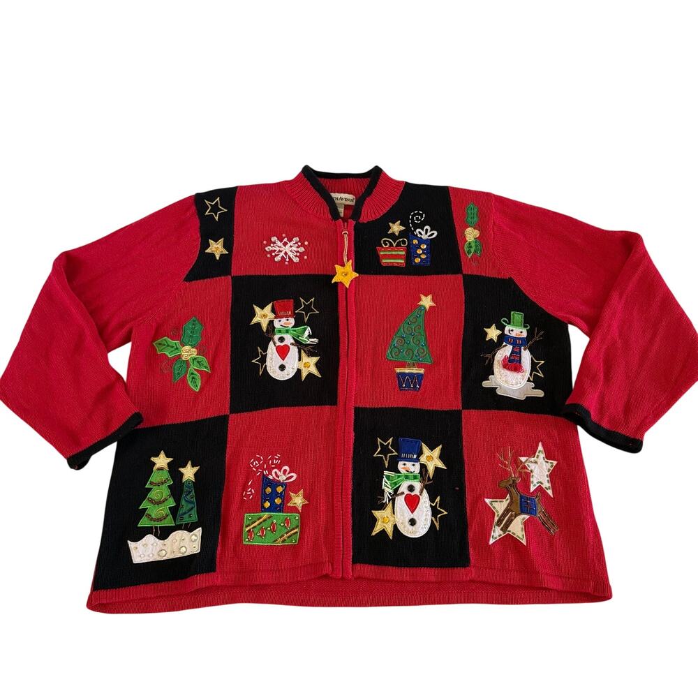 VTG Y2K 2000s Red Beaded Embroidered Christmas Holiday Zip Sweater Plus Size 2X
